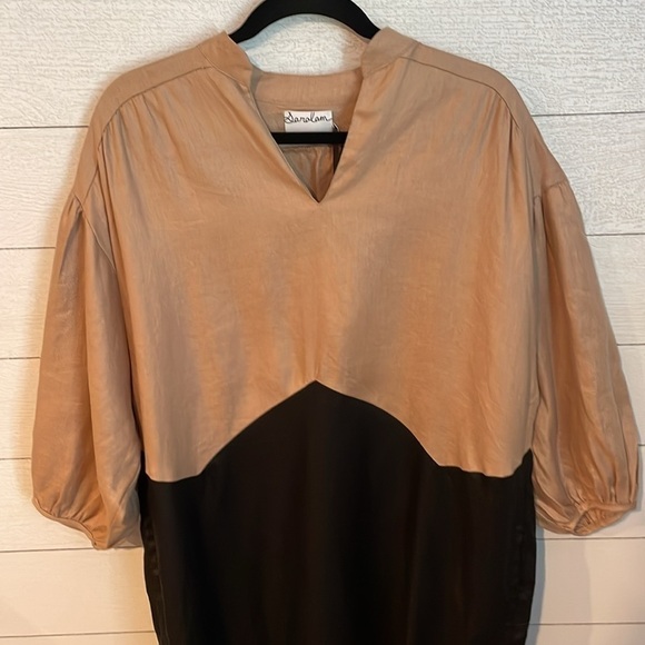 Saralam Women's Tan & Black 100% linen midi dress size 1X NWT! Lagenlook Neutral - Picture 2 of 14